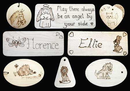 Student Pyrography Wood Names Plates & Pendants